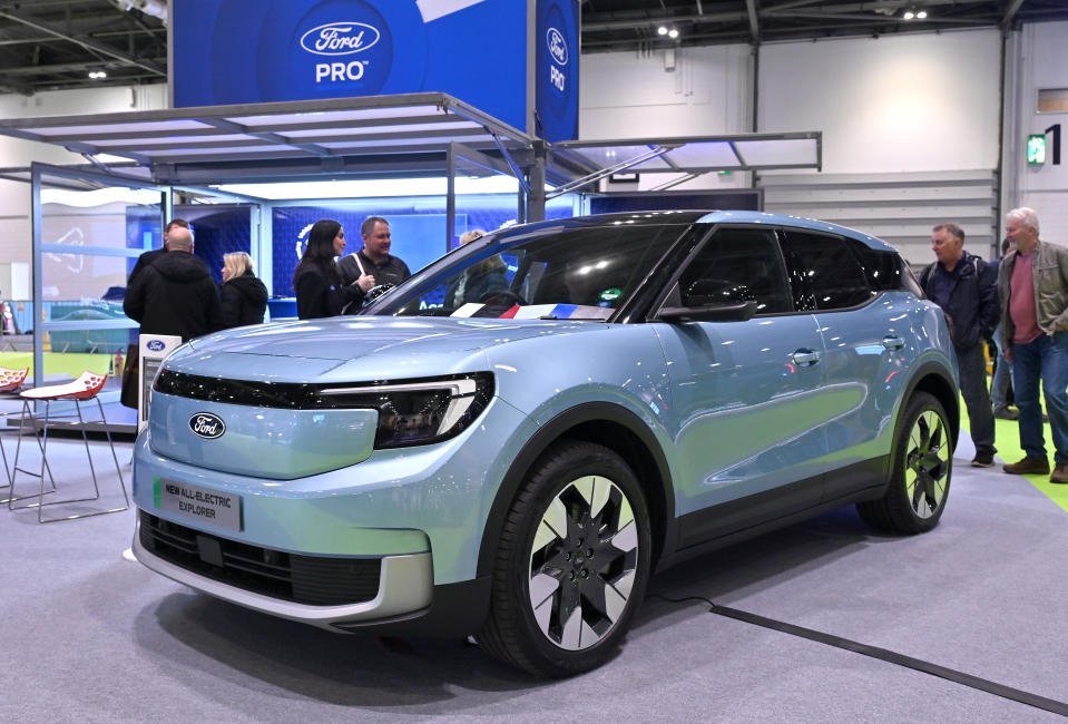 LONDON, ENGLAND - MARCH 28: A Ford Explorer All-Electric EV SUV car is displayed during the Everything Electric London 2024 at ExCel on March 28, 2024 in London, England. The show, designed to inspire people, includes an array of visitor attractions, dozens of 'live sessions' and an exhibition of hundreds of companies, electric vehicles of all types, and a large selection of home energy options.   (Photo by John Keeble/Getty Images)